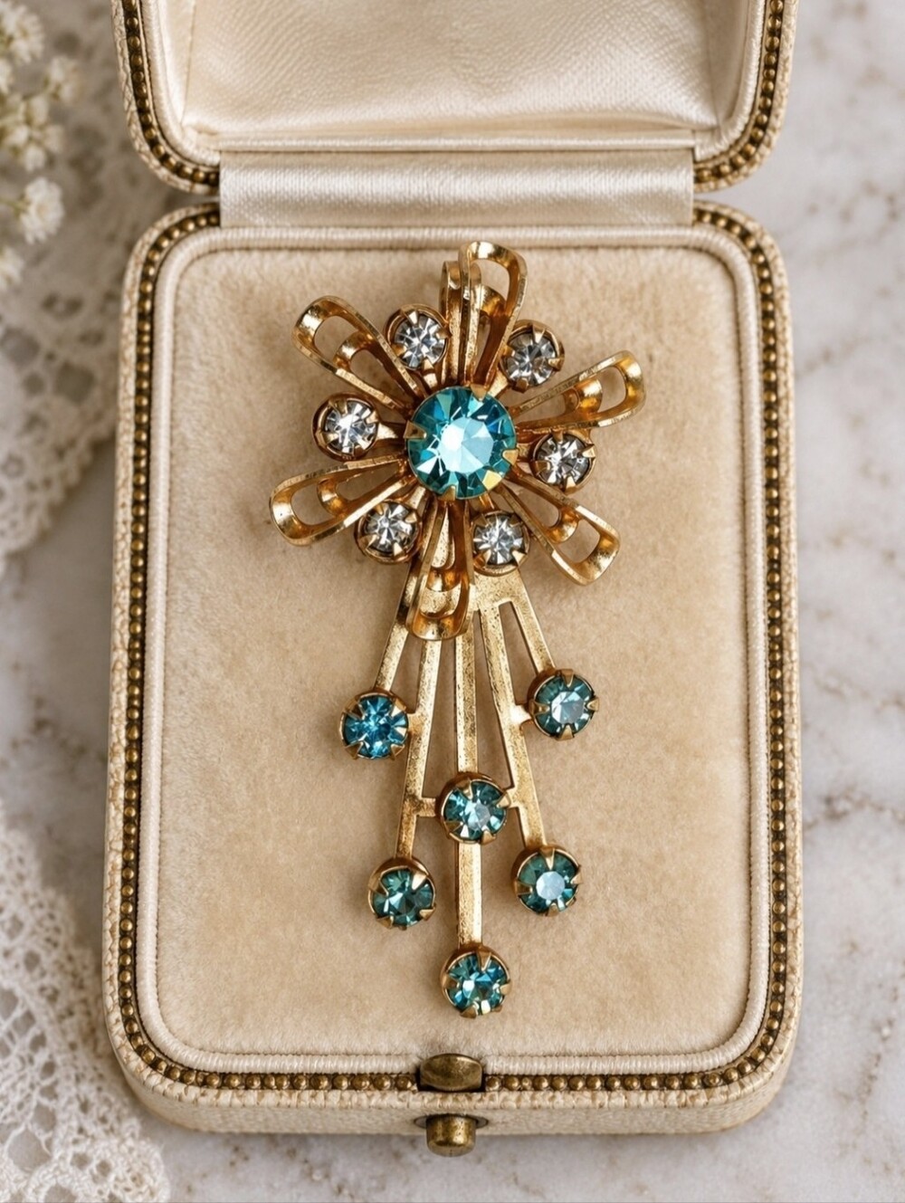 Aqua Light Blue Unsigned Flower Vintage Brooch Pendant Rivets Riveted Gold Tone